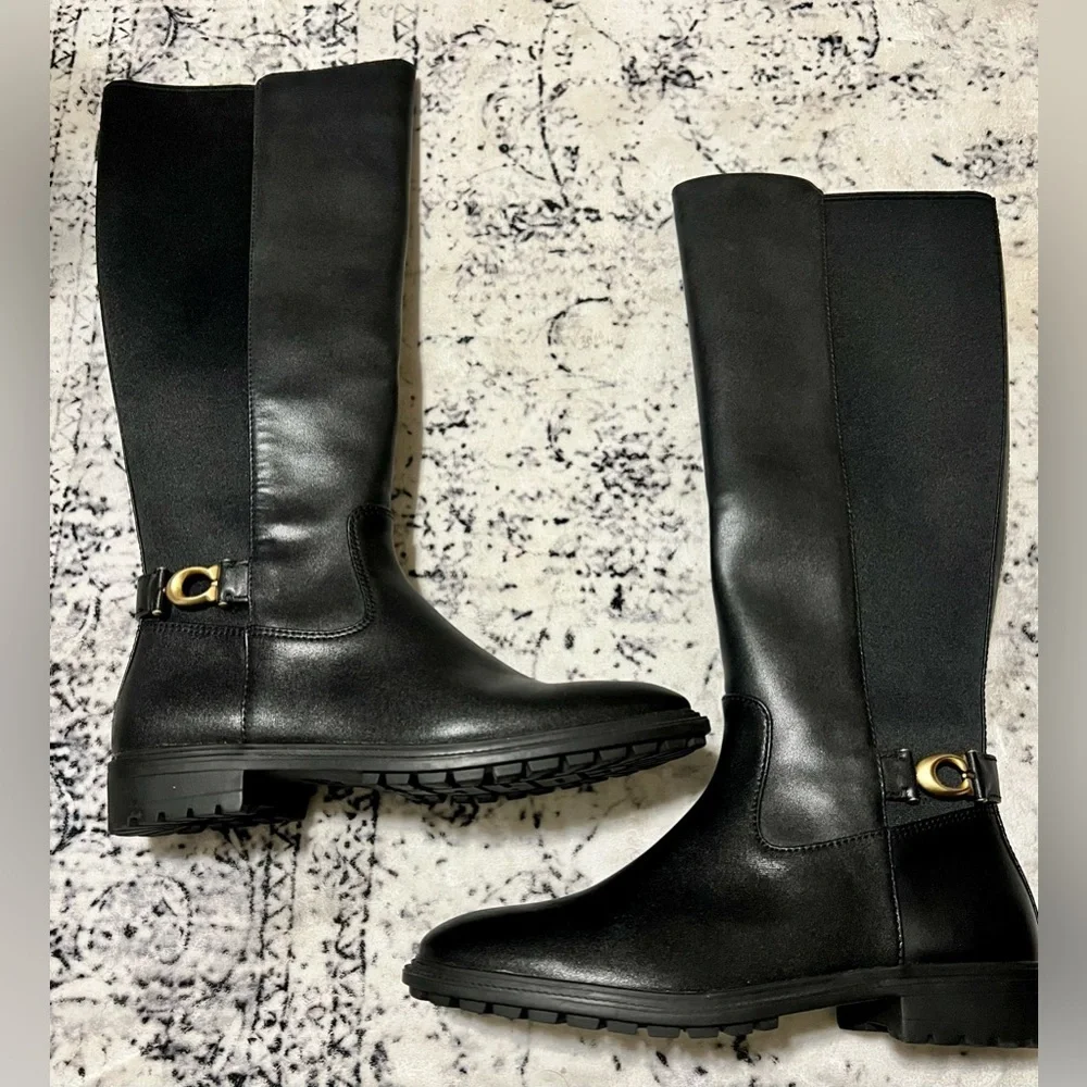 New COACH  Faith knee high lug sole Riding Boots - Black 7.5